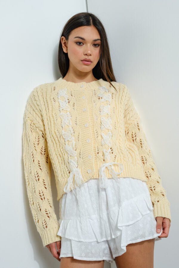 Lace Trim Cable Knit Cardigan