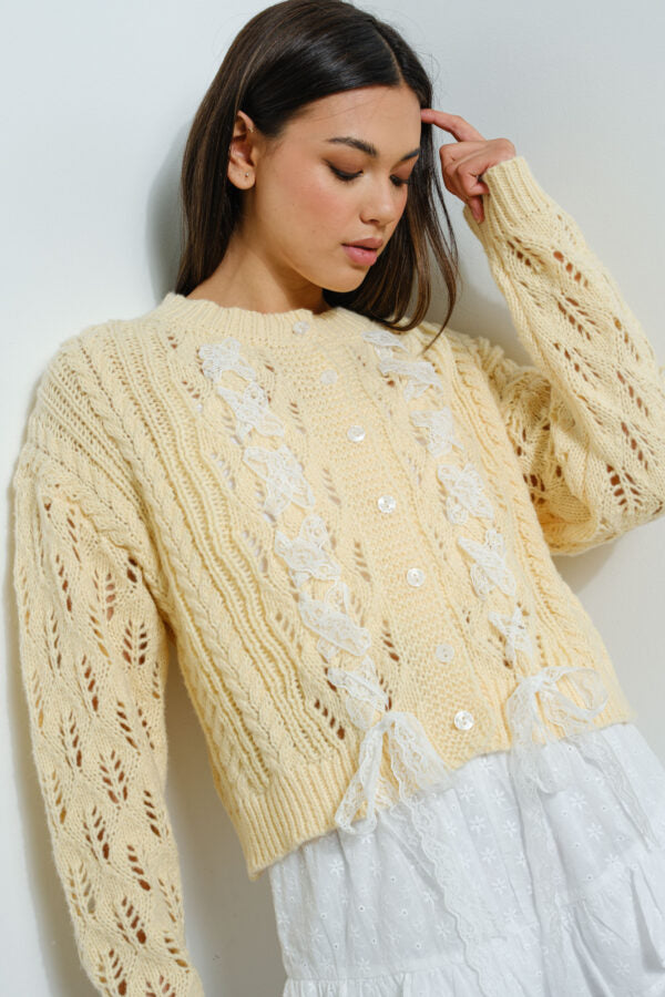 Lace Trim Cable Knit Cardigan
